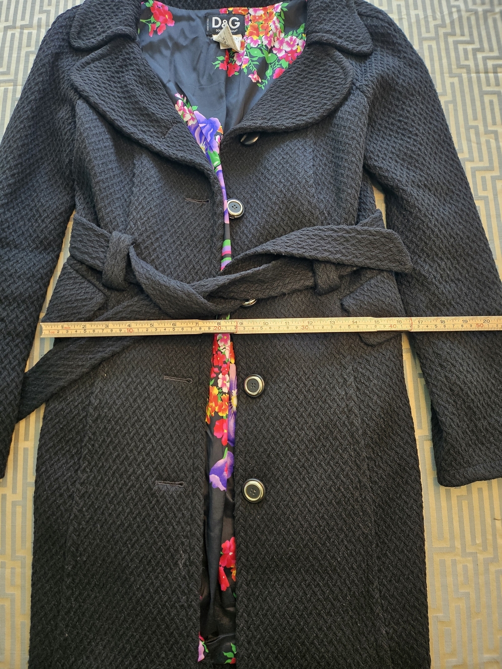 Vintage D&G Dolce & Gabbana Black Textured Wool Blend Belted Coat Floral IT 42 - Picture 5 of 8